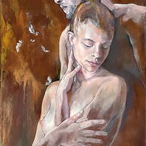 raffaella busdon, "contatto piume", 2023, 80 x 45 cm, oil on oxidized iron – erlas galerie