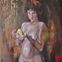 raffaella busdon "golden mary", 2021, oil & gold leaf on oxidized iron, 80 x 70 cm – erlas galerie