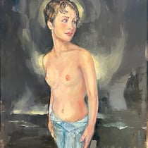 raffaella busdon, "e tuto si illumina", 2023, 108 x 73 cm, oil & gold leaf on polyacetat – erlas galerie