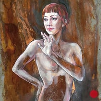 raffaella busdon, "contatto", 2023, 101 x 60 cm, oil & copper leaf on oxidized iron – erlas galerie