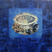 Aus der Reihe "Schüssel für jedermann", 2006 - 2007, Farblinolschnitt (Unikat) auf Seidenpapier und Leinwand, 44 x 50 cm