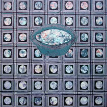 Aus der Reihe "Schüssel für jedermann", 2006 - 2007, Farblinolschnitt (Unikat) auf Seidenpapier und Leinwand, 44 x 50 cm
