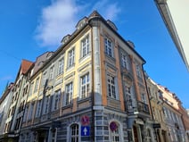 Facade of three-story, 18th century Boutique Hotel Kristof in Old Riga