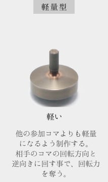 軽量型 軽い 他の参加コマよりも軽量になるよう制作する。相手のコマの回転方向と逆向きに回す事で、回転力を奪い、最後の数回転差で勝つ。