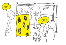 店内でのカーテン選びの打ち合わせ風景イラスト