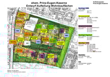 Plan ehemalige Prinz-Eugen-Kaserne Entwurf Aufteilung der Wohnbauflächen (Kitas eingezeichnet)