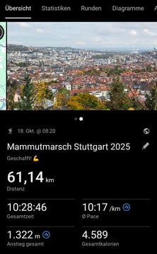 Statistikübersicht Mammutmarsch Stuttgart 2025 – 61 km, 1322 Höhenmeter, 10:28 Stunden Gehzeit