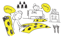 カーテンを仕立てている縫製工場のイラスト