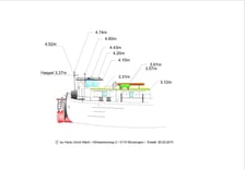 Seitenansicht  des Funkantennenmasts, des Steuerhauses und der Wohnung (Roef) mit Höhenprofil