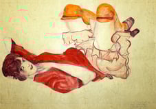 Wally in roter Bluse mit erhobenen Knien mit Ehering nach Egon Schiele