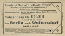 Fahrschein der Reederei Otto Schmidt. Bis 1952 waren Fahrten ins Umland von West-Berlin aus noch möglich.