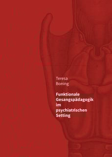 Das Bild zeigt einen roten Buchumschlag mit der Strichzeichnung einer Kehle und Stimmbänder im Hintergrund. Der Text lautet „Teresa Boning und Funktionale Gesangspädagogik im psychiatrischen Setting“ und deutet auf eine aufschlussreiche Dissertation über 