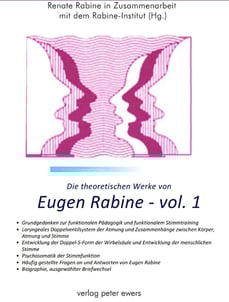 Cover von Die theoretischen Werke von Eugen Rabine – Bd. 1 zeigt zwei gespiegelte Profile in Rosa und Lila, mit Text zu Gesangstechnik und funktionaler Gesangspädagogik, herausgegeben von Renate Rabine in Zusammenarbeit mit dem Rabine Institute.