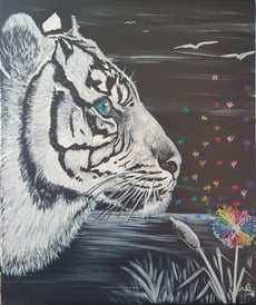 tableau tigre blanc aux yeux bleus peinture acrylique