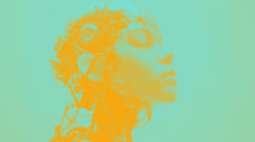 A duotone portrait picture half human, half robot