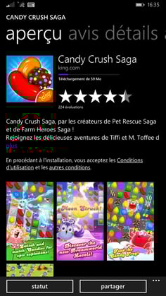 Candy Crush Saga disponible gratuitement sur le Windows Phone Store.
