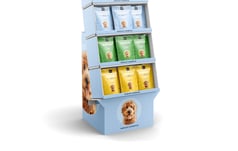 Display made of corrugated board without pallet for Doypacks - floor display - manufacturer POS Display. Attractive advertising & sales displays made of corrugated board: Whether pallet, shelf, counter or floor displays. RATTPACK® POS manufacturer