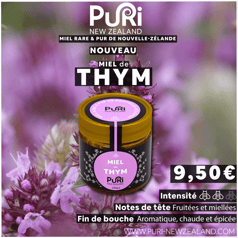 Pot de Miel de Thym Nouvelle-Zélande 240g Puri New Zealand sous fond de fleur de thym de Nouvelle-Zélande, description de l'intensité, notes de tête et fin de bouche, prix