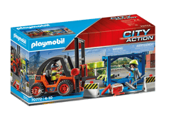 Gabelstapler mit Hubfunktion, Containermodul und Schwerlastpalette.