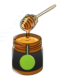Illustration dessinée à la tablette graphique d’un pot de Miel de Manuka Puri New Zealand avec une cuillère à miel ronde et du Miel qui dégouline