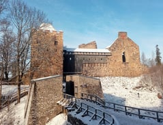 Sigulda Livonian Order Castle ruins with snow
