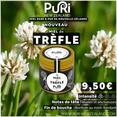 Pot de Miel de Trèfle Nouvelle-Zélande 240g Puri New Zealand sous fond de fleurs de trèfle de Nouvelle-Zélande, description de l'intensité, notes de tête et fin de bouche, prix
