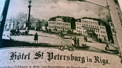 Black and white 19th century advertisement for the Hotel St. Petersburg in Riga