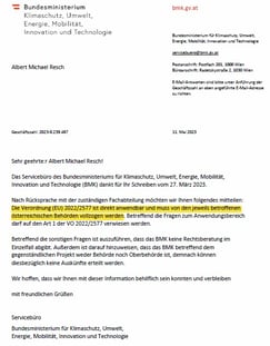 Die Anwendbarkeit der Verordnung wurde uns mit diesem Schreiben vom Bundesministerium Klimaschutz, Umwelt, Energie, Mobilität, Innovation und Technologie vollinhaltlich bestätigt 