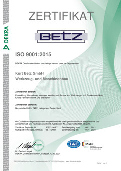 Kurt Betz GmbH Qualitaetsmanagement Zertifikat ISO 9001 2015