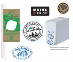 Schmucketiketten bzw. Werbeetiketten, rund, mit Logoeindruck, Spenderbox