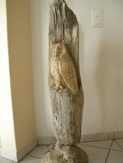 Uhu in Treibholz woodcarving Paul Widmer Holzeule Holzskulptur