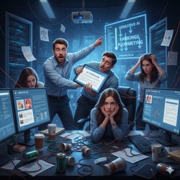 生成AI「Gemini」（Google」に、「『Webマーケッターらが生成AI・AI Overviewsに翻弄される』イメージ画像を生成してください」と指示し、生成された画像。このように、生成AIがコンテンツ制作に大きな貢献をしている一方で...??