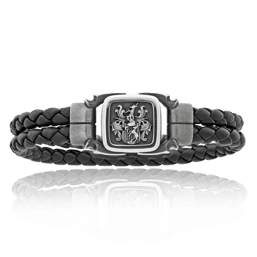Geknüpftes Lederarmband mit einem individuellen Wappen und Verschluss in Silber aus der Herrenschmuck Kollektion Gremlin von der Goldschmiede OBSESSION Zürich und Wetzikon.