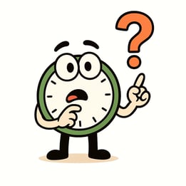 Uhrli, schaut fragend und zeigt auf ein grosses rotes Fragezeichen.