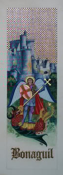 "St Michel terrassant le dragon devant le château de Bonaguil." Enluminure encadrée. Création Sandra Clerbois.