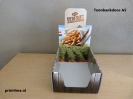 Toonbankdoos A5 met Full colour bedrukking. Direct print op het karton. Sneller en goedkoper tot 150 stuks.