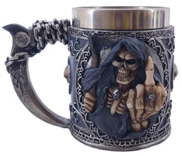 Tod zeigt Stinkfinger Krug