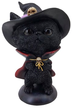 Katze schwarz mit Hut und Umhang