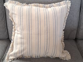 BRAND NEW Beige & Blue Stripe Fringed Cushion - 2 Available