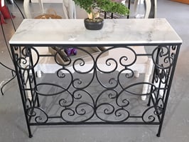 BRAND NEW Marble Top Black Scroll Metal Hall Table