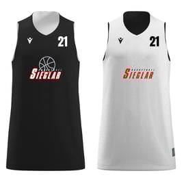 MACRON Idaho Wendetrikot schwarz/weiß mit Sieglarer TV Basketball-Logo und Wunschnummer auf der Brust und Wunschname auf dem Rücken