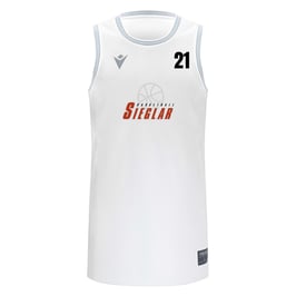MACRON Plutonium Einzeltrikot weiß mit Sieglarer TV Basketball-Logo und Wunschnummer auf der Brust und Wunschname auf dem Rücken