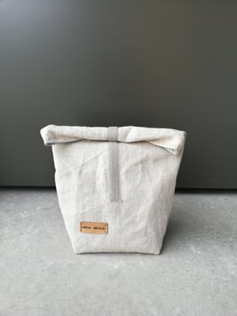 Lunchbag mittelgross Leinen roh, innen mintgrau-weiss
