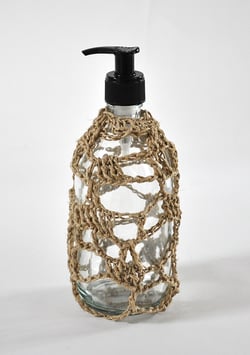 FLACON POMPE VIDE lin naturel 500 ml verre transparent / EMPTY PUMP BOTTLE natural linen crochet 500 ml/16,9 fl oz, clear glass