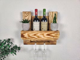 Weinregal "For Two", geflammt, 40 x 36 x 14, für 2 Flaschen & 2 Gläser, optional mit Wunschtext