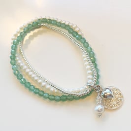 Multibracelet - Aventurin - Silber - Süsswasserperlen Weiss