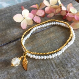 Multibracelet - Süsswasserperlen Weiss - Glasperle/Flügeli Gold