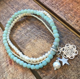 Multibracelet - Amazonit - Silber - Süsswasserperlen Weiss