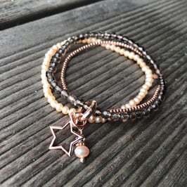 Multibracelet - Roséverg.-Silber, Süsswasserperle Rosé, Rauchquarz