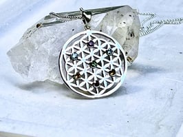 Blume des Lebens Kette Chakra Edelstein Anhänger Silber